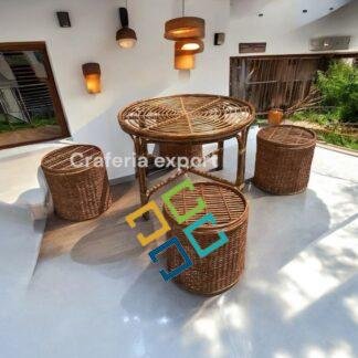 Cane Bamboo Round Bunai Table Set, Coffee Table with Stools Furniture Set for Home, Office, Balcony Sitting /Outdoor Indoor