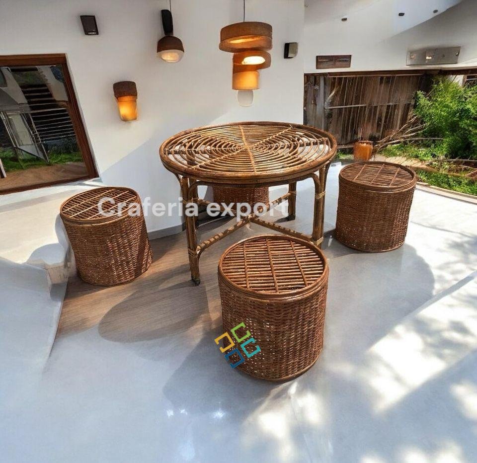 Cane Bamboo Round Bunai Table Set, Coffee Table with Stools Furniture Set for Home, Office, Balcony Sitting /Outdoor Indoor