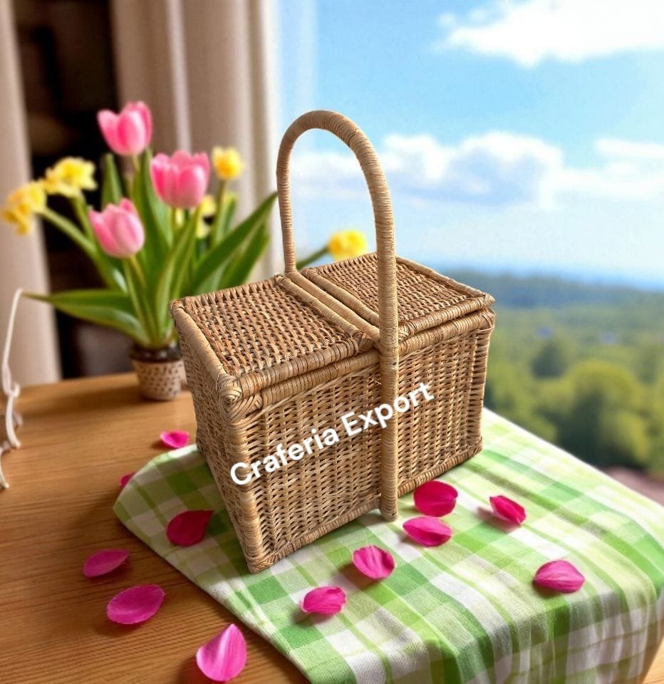 Rattan Wicker Picnic Basket | Cane Handle Storage Basket | Bamboo Closest Basket - Image 4