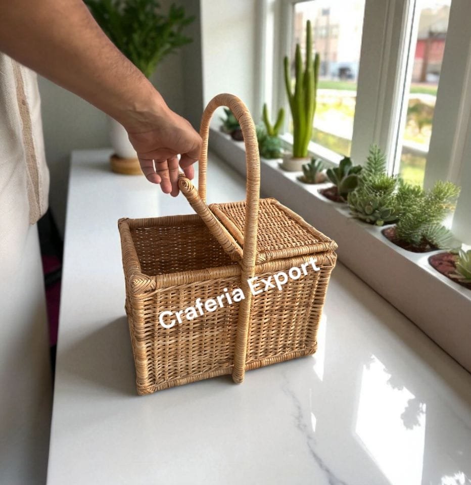 Rattan Wicker Picnic Basket | Cane Handle Storage Basket | Bamboo Closest Basket - Image 5
