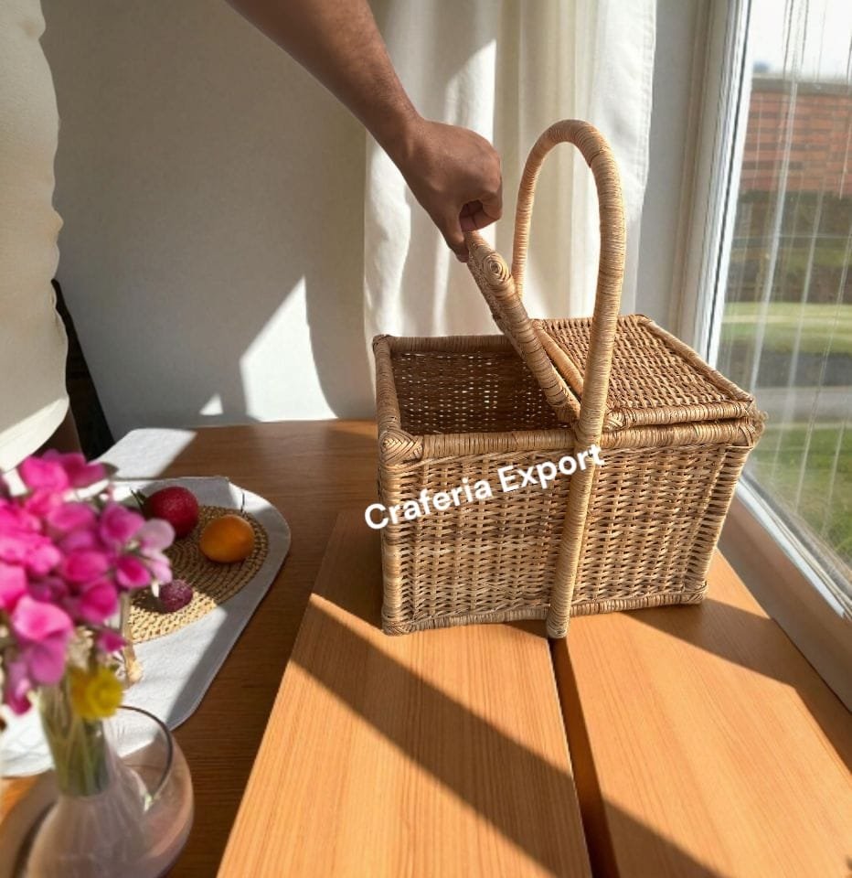 Rattan Wicker Picnic Basket | Cane Handle Storage Basket | Bamboo Closest Basket - Image 6