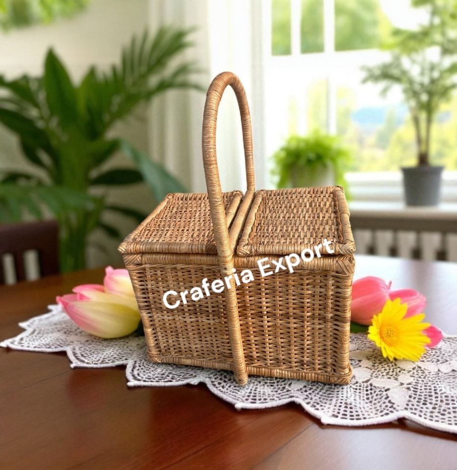 Rattan Wicker Picnic Basket | Cane Handle Storage Basket | Bamboo Closest Basket