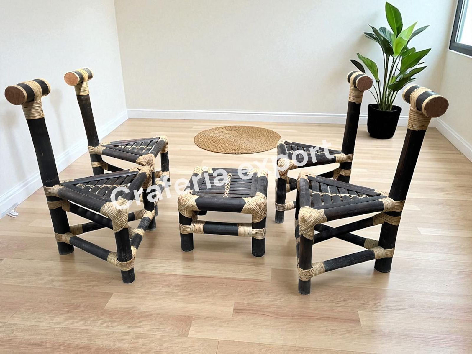 Triangle Shaped Bamboo Chairs with Table | Brown Dining Set for indoor outdoor