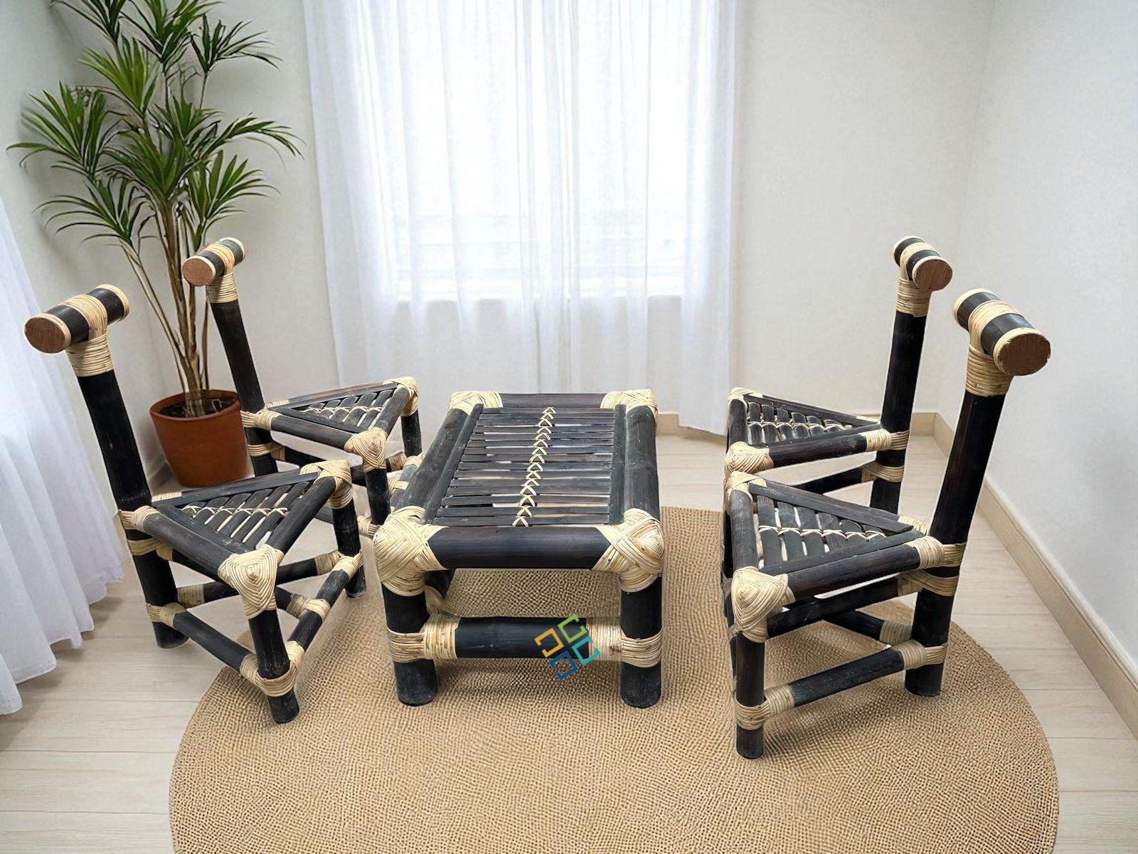 Brown Bamboo Chairs Table Set for Home /Balcony/Hotel | Triangle Chairs Set of 5 - Image 2