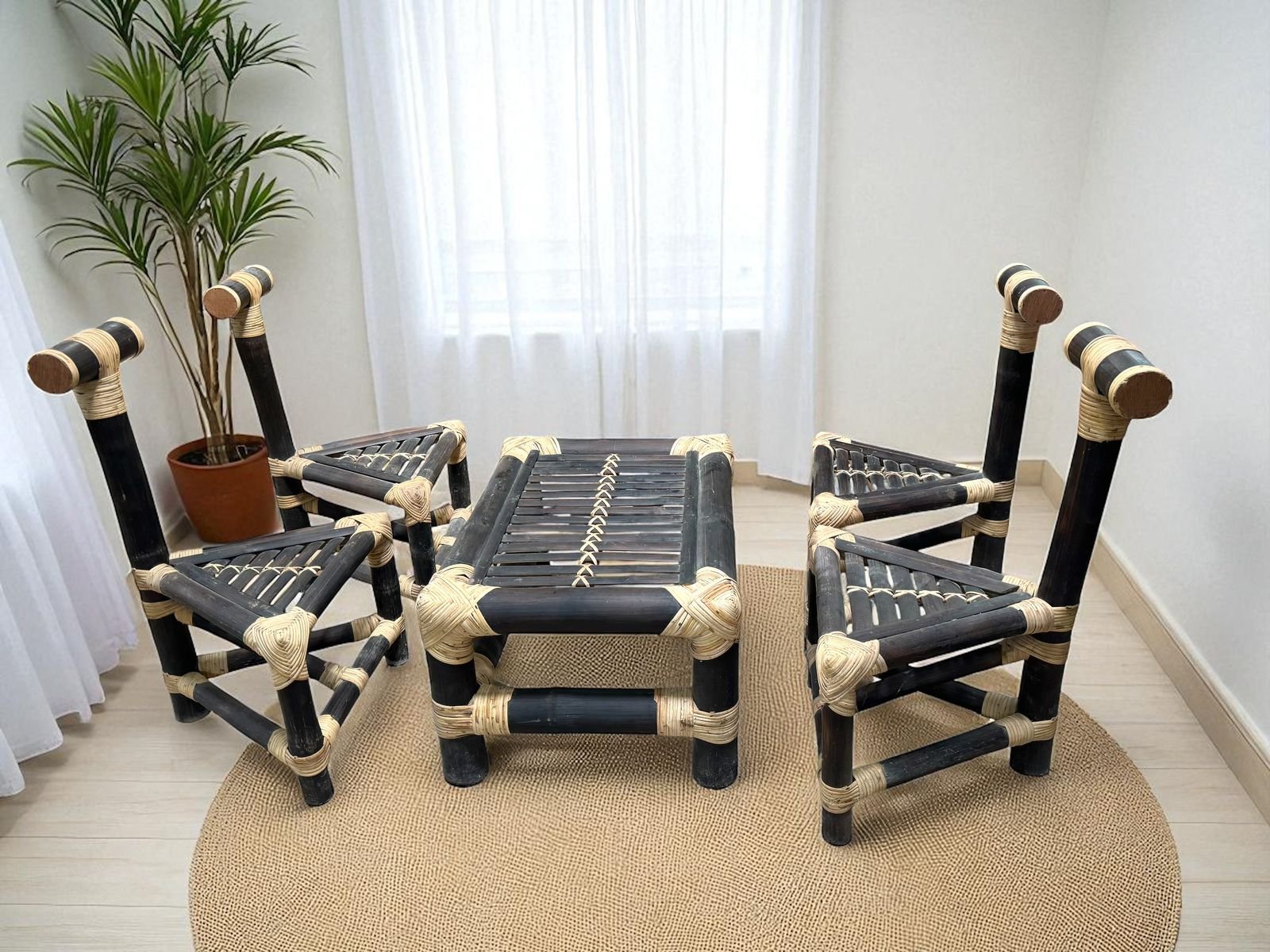 Brown Bamboo Chairs Table Set for Home /Balcony/Hotel | Triangle Chairs Set of 5 - Image 2