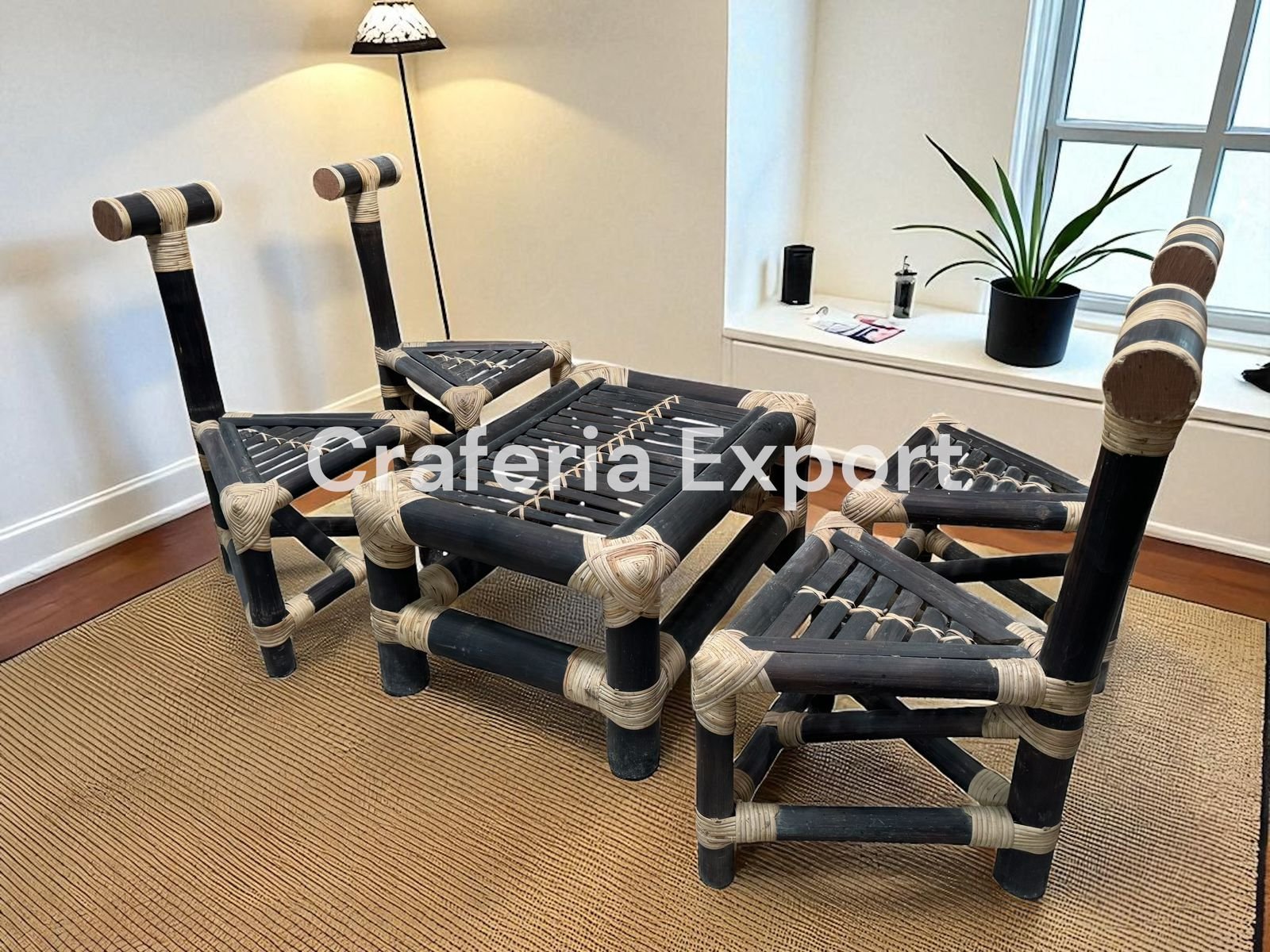 Brown Bamboo Chairs Table Set for Home /Balcony/Hotel | Triangle Chairs Set of 5