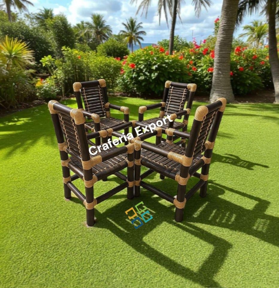 Brown Bamboo Chair Table Set for Restaurant Cafe Hotel /Home - Set of 5 | Dining Chairs Set - Image 3