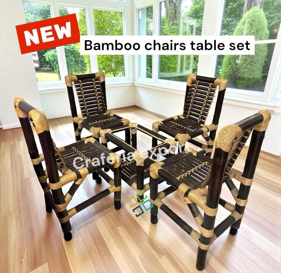 Brown Bamboo Chair Table Set for Restaurant Cafe Hotel /Home - Set of 5 | Dining Chairs Set - Image 2