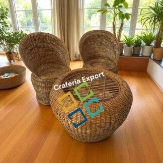 Cane Bunai Chairs Table Set of 3 | Apple Chairs Table for Living Room/Hotel/Cafe