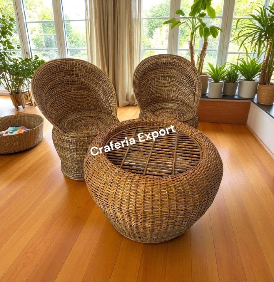 Cane Bunai Chairs Table Set of 3 | Apple Chairs Table for Living Room/Hotel/Cafe