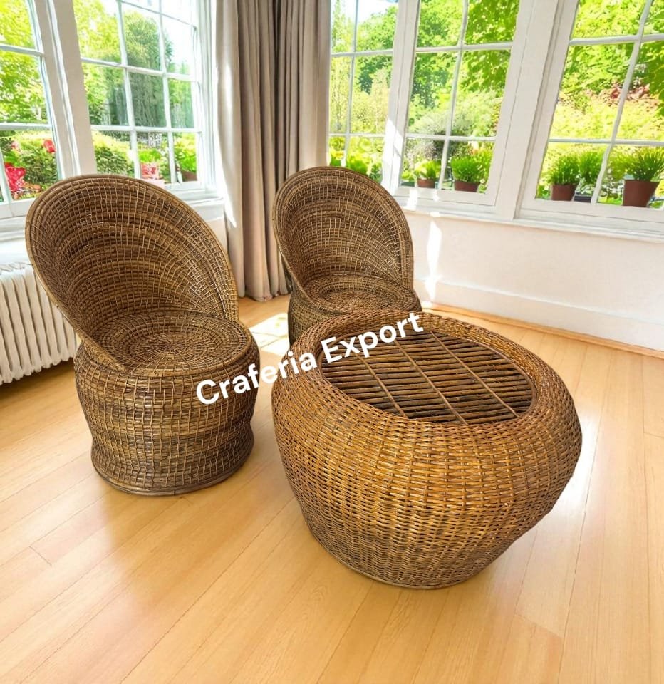 Cane Bunai Chairs Table Set of 3 | Apple Chairs Table for Living Room/Hotel/Cafe - Image 2