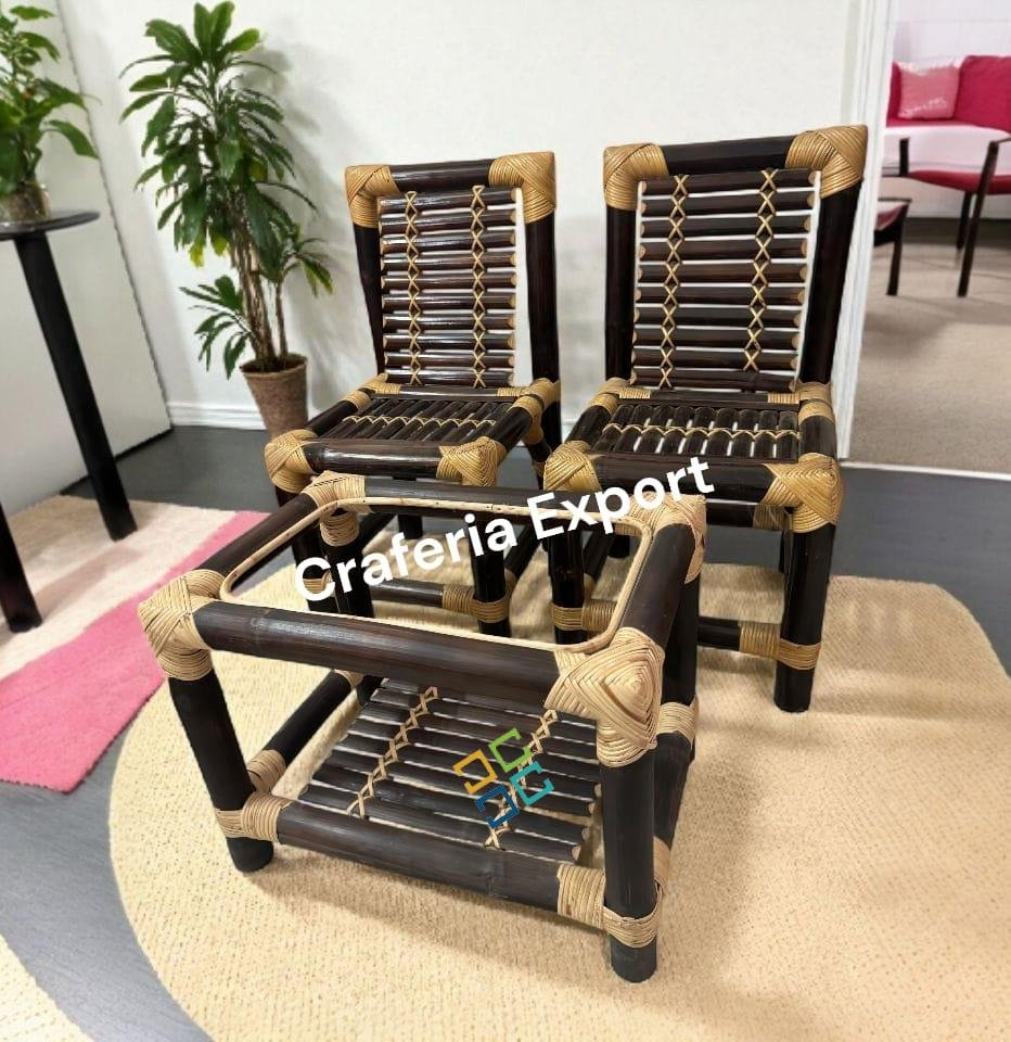Bamboo Chairs Table Set | Brown Bamboo 2 Chair with Table Set Indoor Outdoor (Set of 3) - Image 3