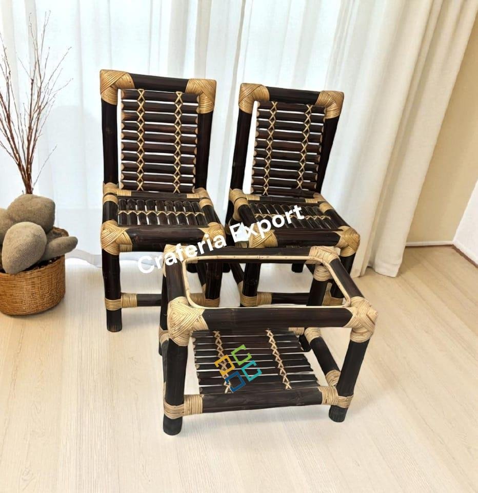 Bamboo Chairs Table Set | Brown Bamboo 2 Chair with Table Set Indoor Outdoor (Set of 3)
