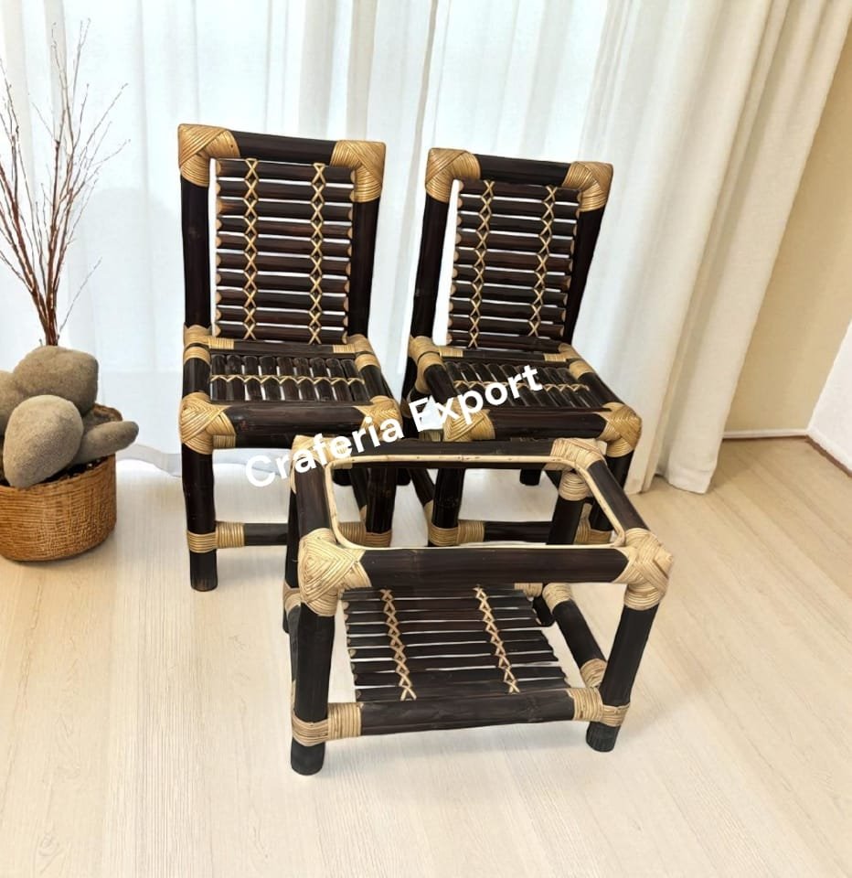 Bamboo Chairs Table Set | Brown Bamboo 2 Chair with Table Set Indoor Outdoor (Set of 3)