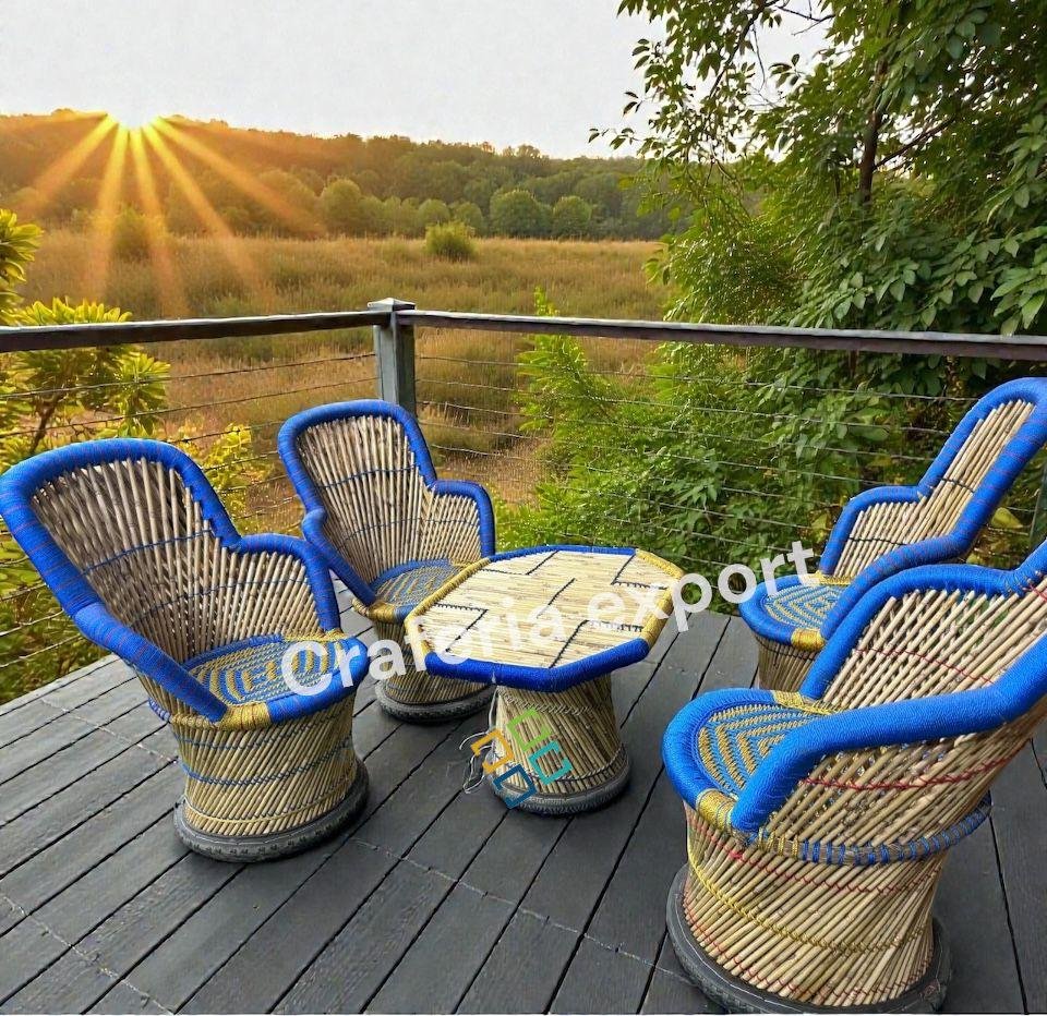 Traditional Bamboo Chair Set – Handcrafted Cane Furniture (4 Chairs + 1 Table)