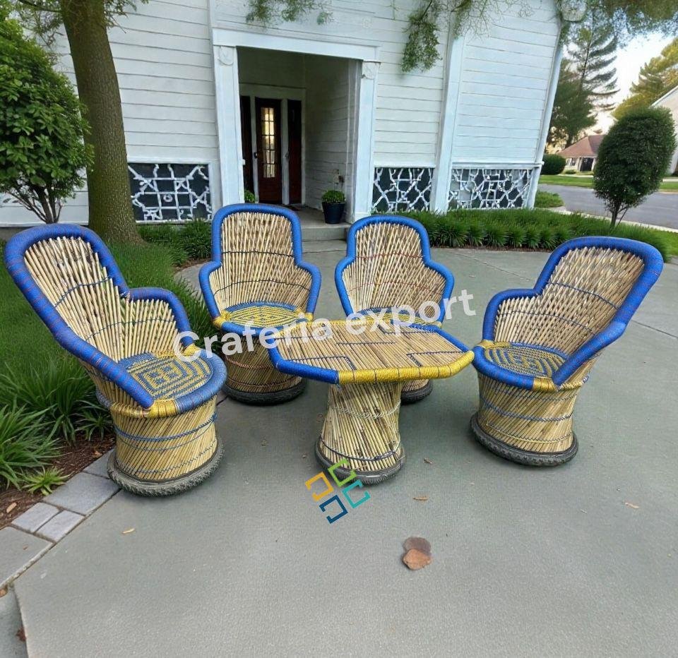 Traditional Bamboo Chair Set – Handcrafted Cane Furniture (4 Chairs + 1 Table) - Image 3