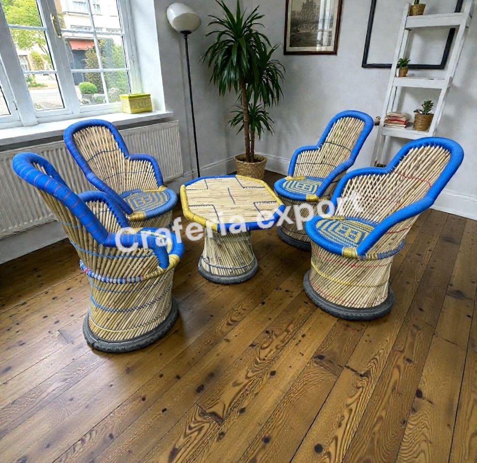 Traditional Bamboo Chair Set – Handcrafted Cane Furniture (4 Chairs + 1 Table) - Image 2