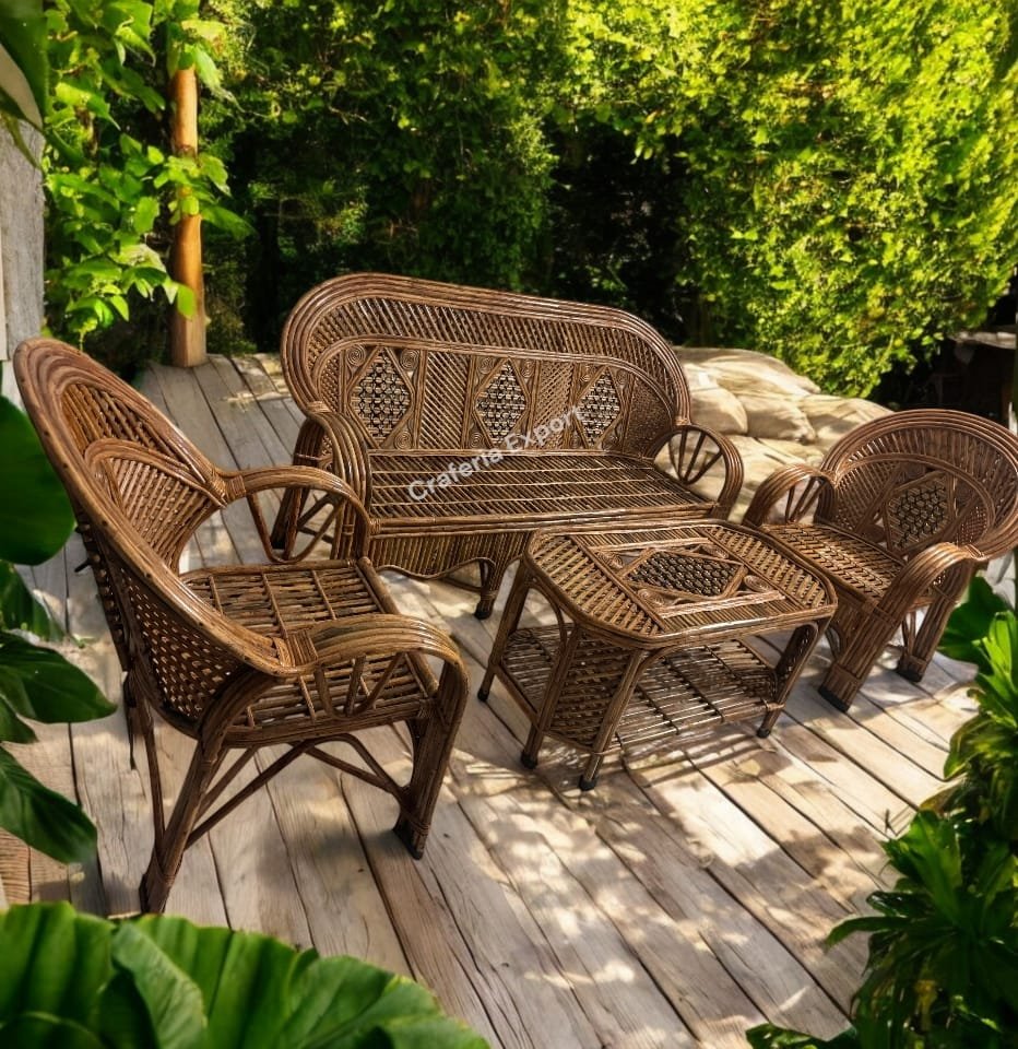 Cane Bamboo 3 Seater Sofa Set with Table Chair for Home, Living Room, Office, Outdoor, Indoor, Garden, Resort