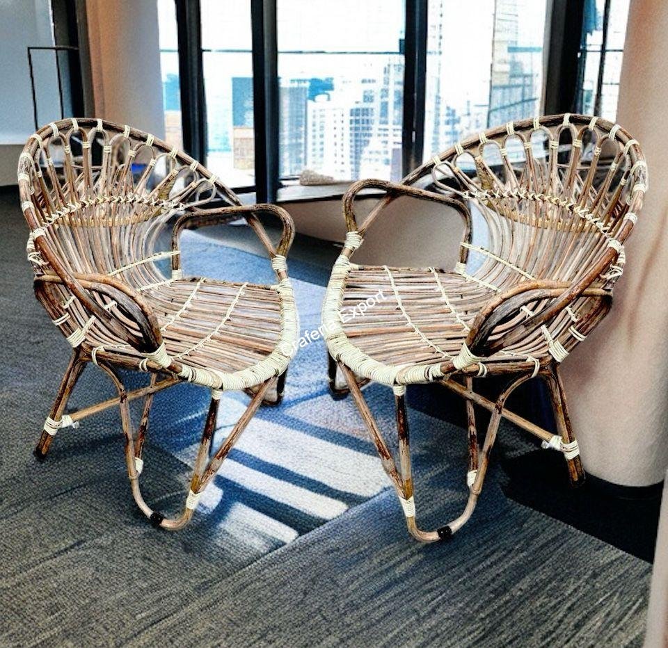 Bamboo Cane Chair for home | office | Balcony Garden | Armrest wicker rattan chair - set of 2