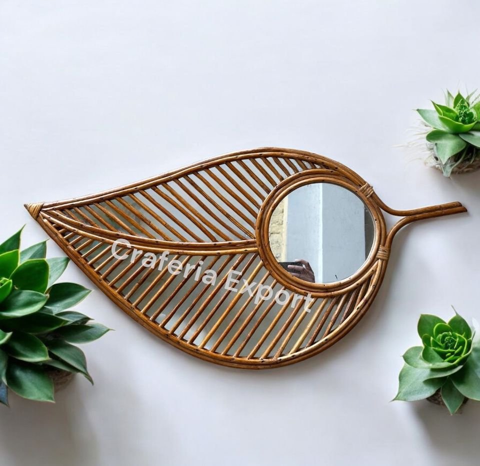 Bamboo Rattan Leaf Shape Wall Mirror With Unique Design Wall Hanging