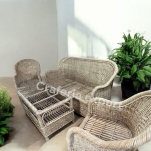 Full Bunai Cane Sofa Set Furniture for Indoor Outdoor | Three Seater Sofa with Sofa Chairs Table Set