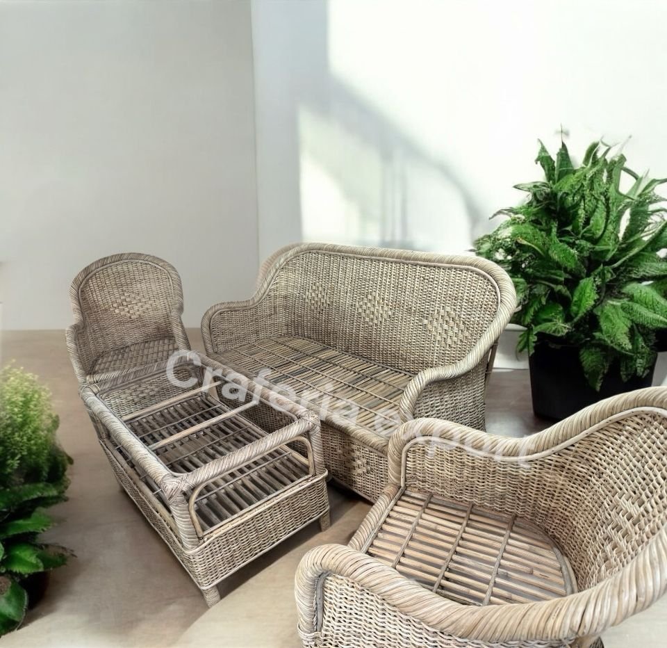Full Bunai Cane Sofa Set Furniture for Indoor Outdoor | Three Seater Sofa with Sofa Chairs Table Set