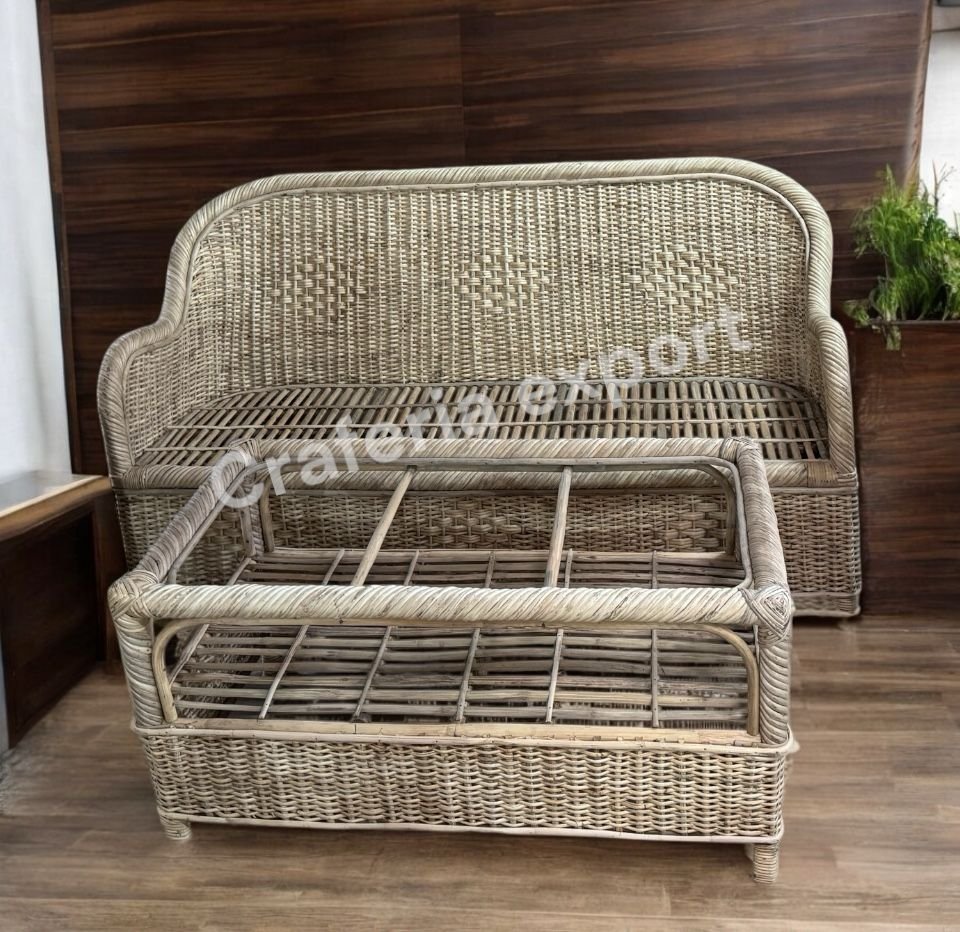 Full Bunai Cane Sofa Set Furniture for Indoor Outdoor | Three Seater Sofa with Sofa Chairs Table Set
