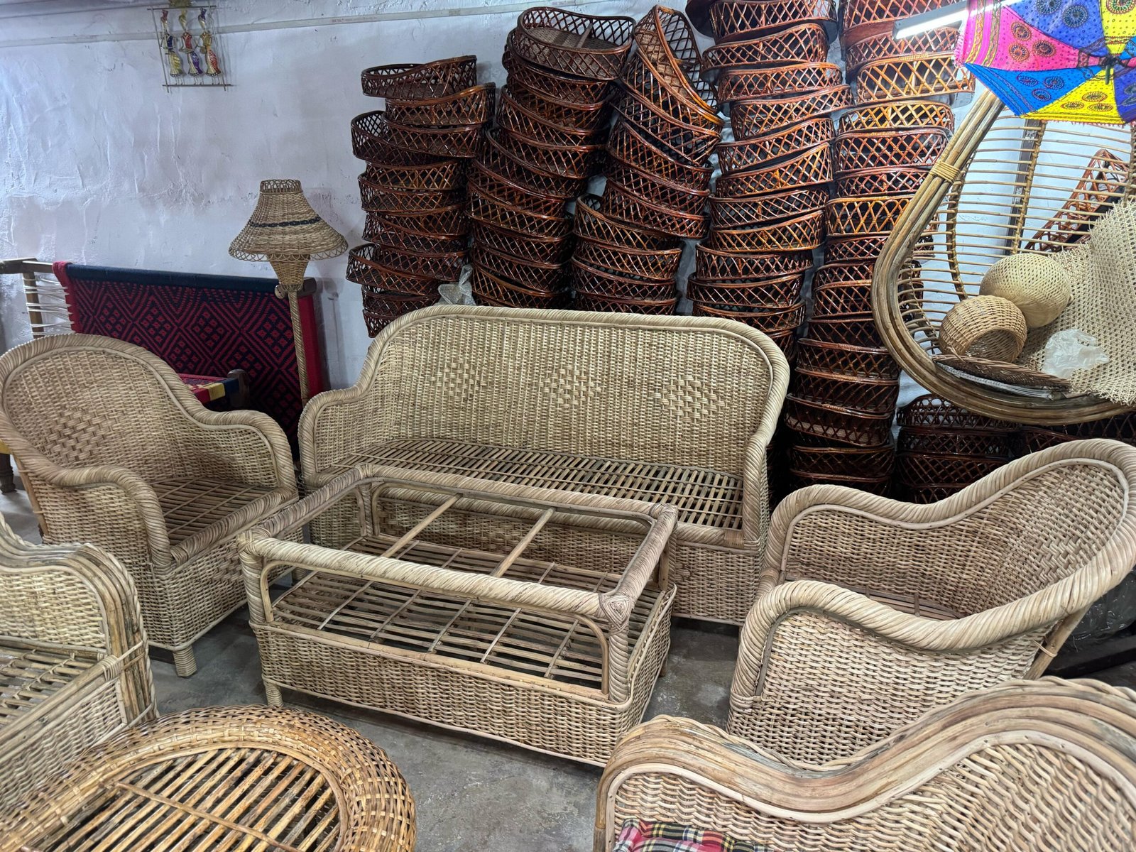 Full Bunai Cane Sofa Set Furniture for Indoor Outdoor | Three Seater Sofa with Sofa Chairs Table Set