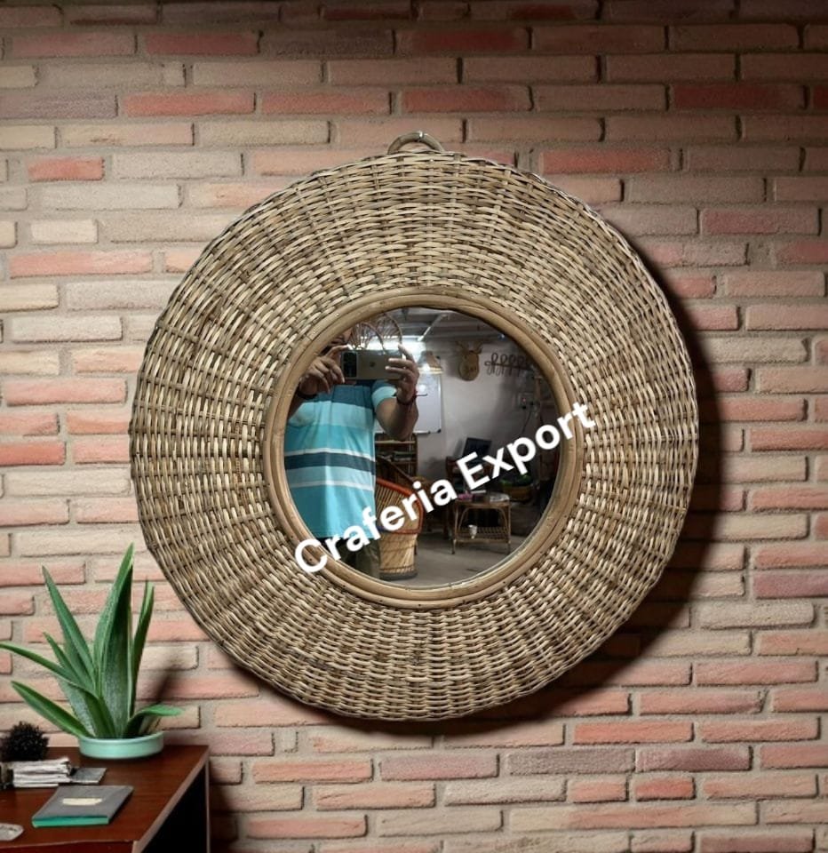 Natural Rattan Round Wall Mirror | Wicker Wall Home Decor Mirror | Decorative Wall Hanging