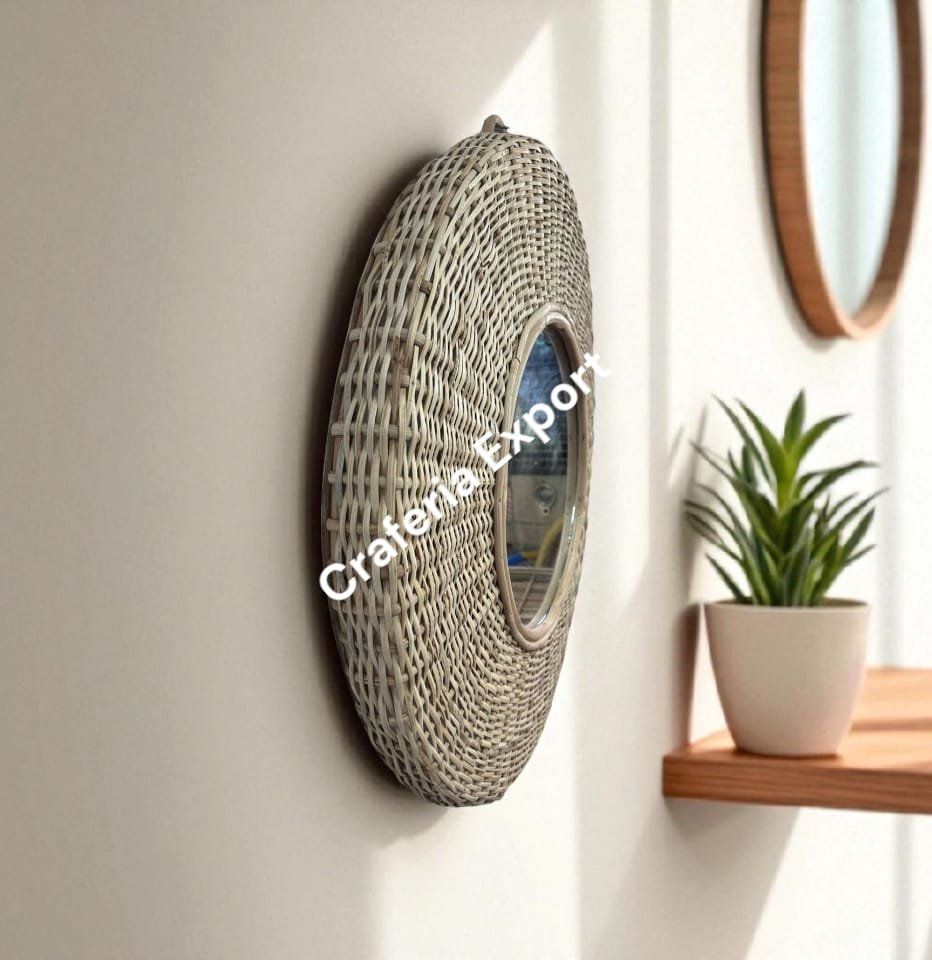 Natural Rattan Round Wall Mirror | Wicker Wall Home Decor Mirror | Decorative Wall Hanging