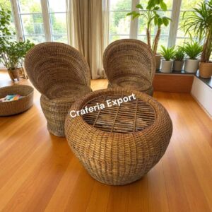 Cane Bunai Chairs Table Set of 3 | Apple Chairs Table for Living Room/Hotel/Cafe