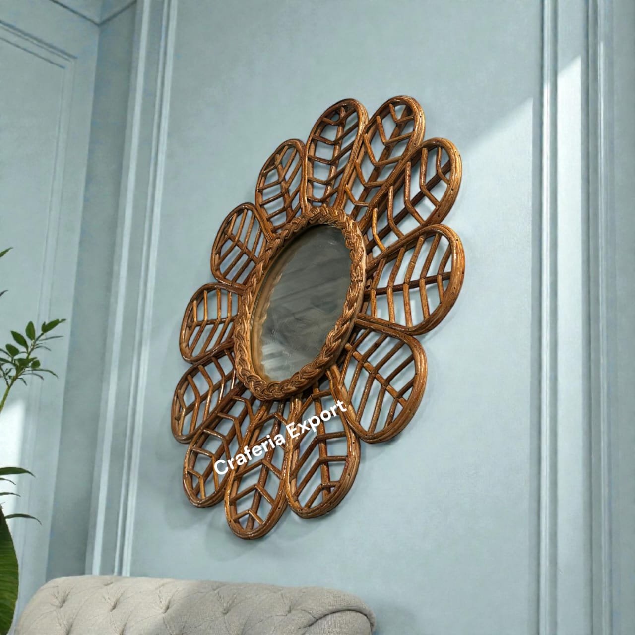Cane Mirror for Living Room, Bathroom, Bedroom, Home and Office (Boho Floral)