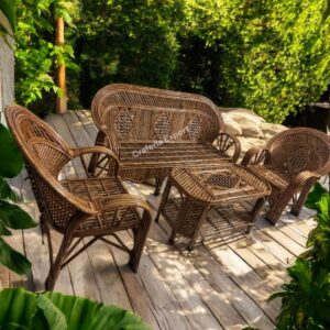 Cane Bamboo 3 Seater Sofa Set with Table Chair for Home, Living Room, Office, Outdoor, Indoor, Garden, Resort