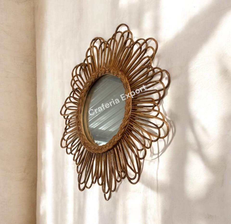 Rattan Round Makeup Mirror Bathroom Wall Hanging Mirror Art Bedroom Decors