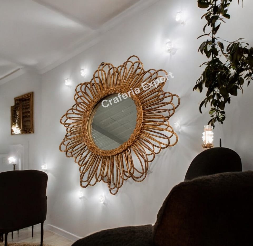 Rattan Round Makeup Mirror Bathroom Wall Hanging Mirror Art Bedroom Decors