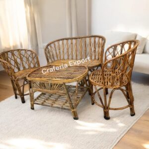 Cane Chair and Table Set With Two Sitter Perfect for Living Room, Garden, Porch, Cafe, Restaurant