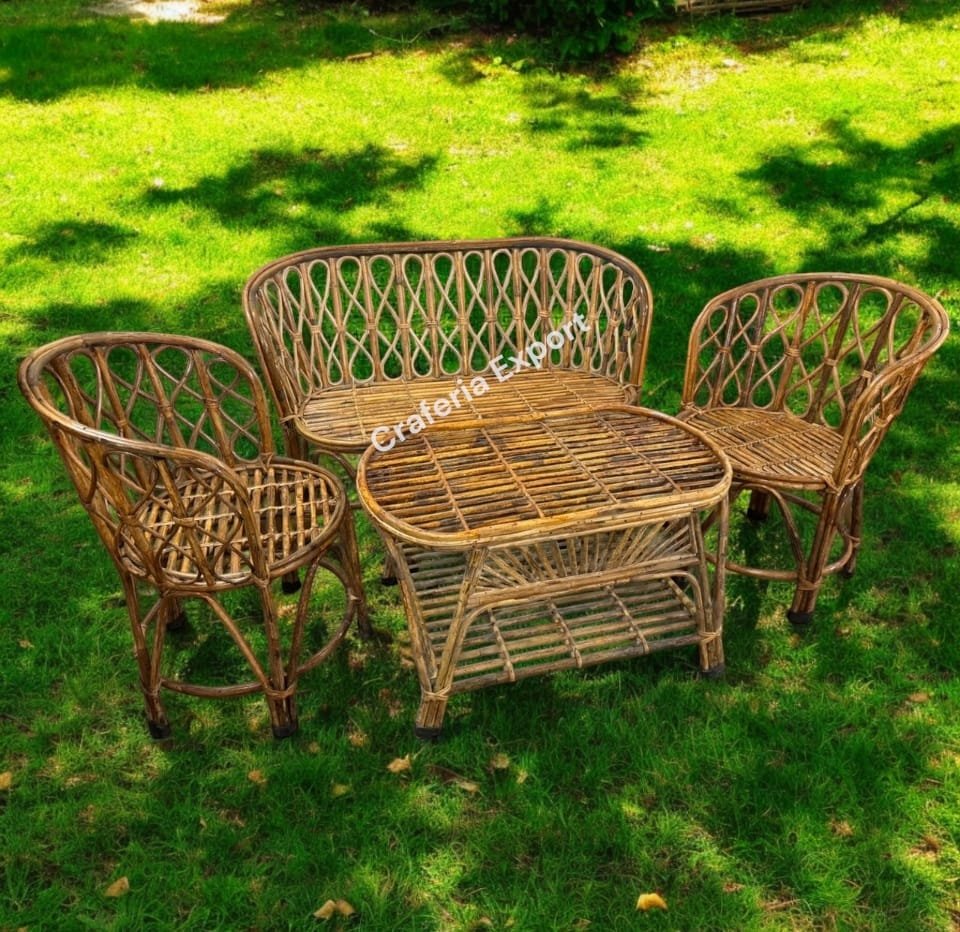 Cane Chair and Table Set With Two Sitter Perfect for Living Room, Garden, Porch, Cafe, Restaurant
