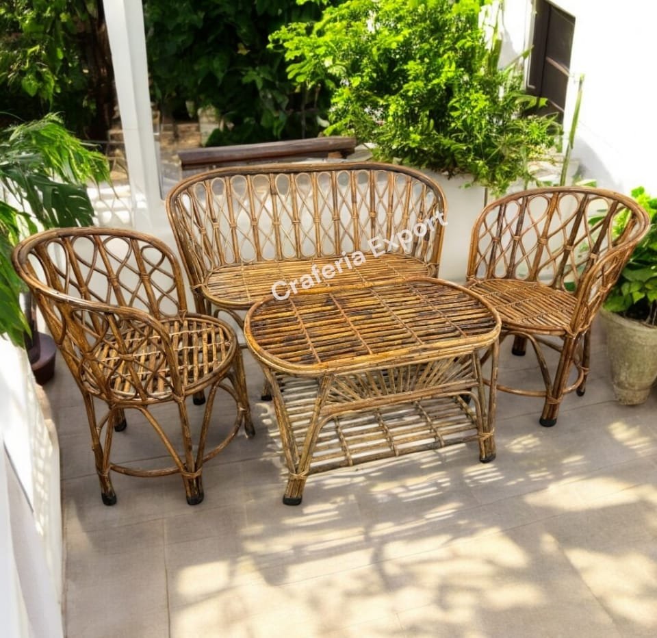 Cane Chair and Table Set With Two Sitter Perfect for Living Room, Garden, Porch, Cafe, Restaurant