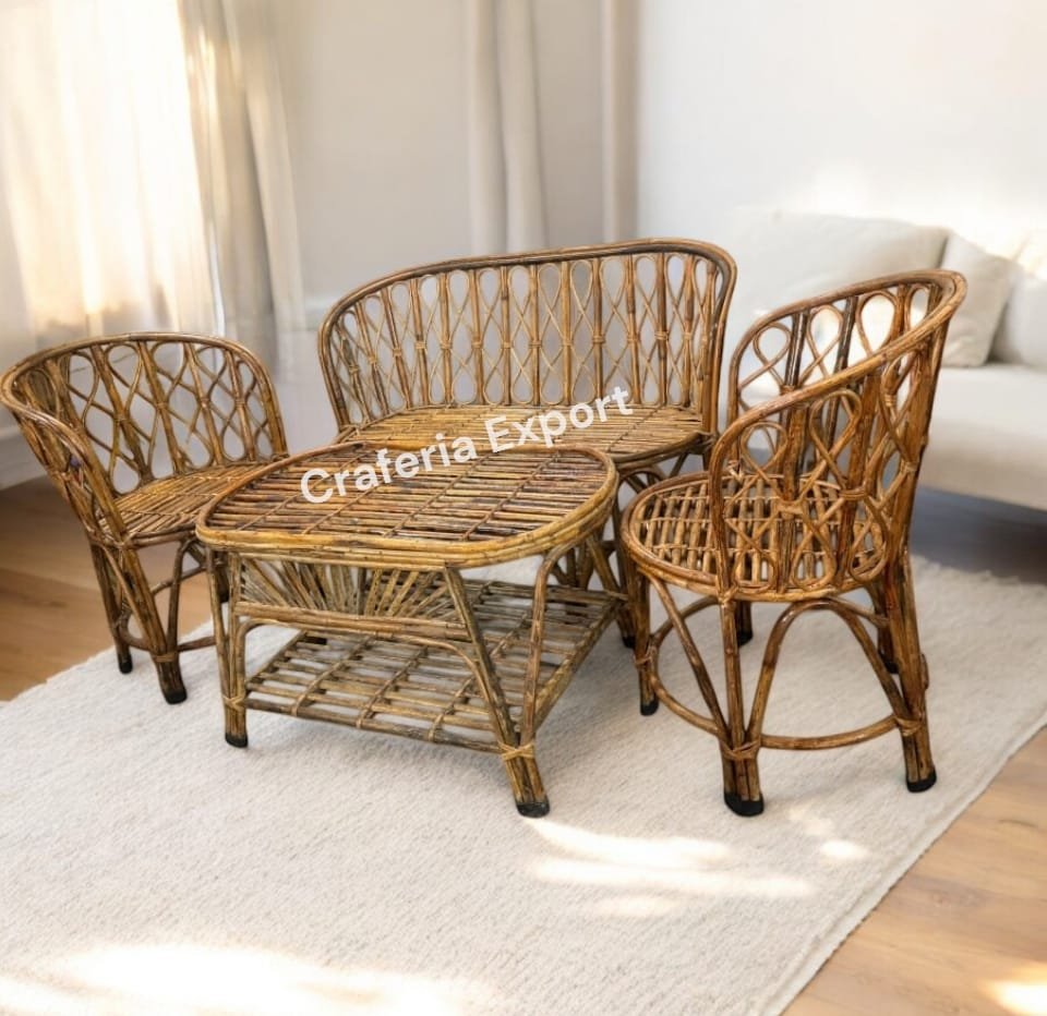 Cane Chair and Table Set With Two Sitter Perfect for Living Room, Garden, Porch, Cafe, Restaurant
