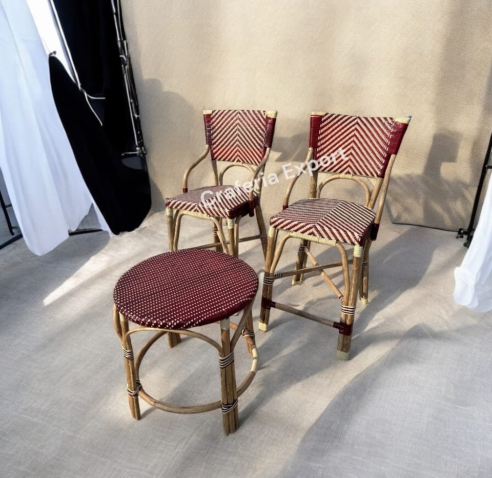 Rattan Wicker Seat With Square Rattan Round Backless Counter Stool Set