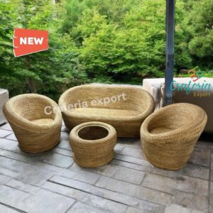 Designer Cane Apple Three seater Sofa with Chair table set | Bamboo Rattan Apple five Seater Sofa chair table furniture set | Cane Buani 3 seater sofa chairs table set for garden, living room, cafe bar hotel