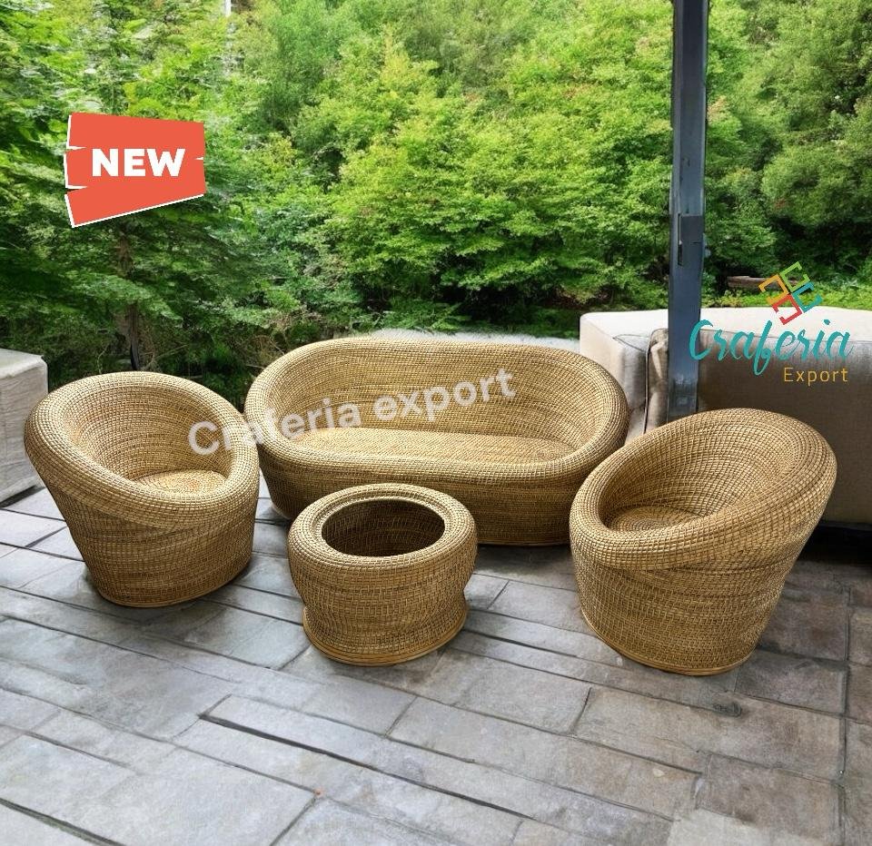 Designer Cane Apple Three seater Sofa with Chair table set | Bamboo Rattan Apple five Seater Sofa chair table furniture set | Cane Buani 3 seater sofa chairs table set for garden, living room, cafe bar hotel