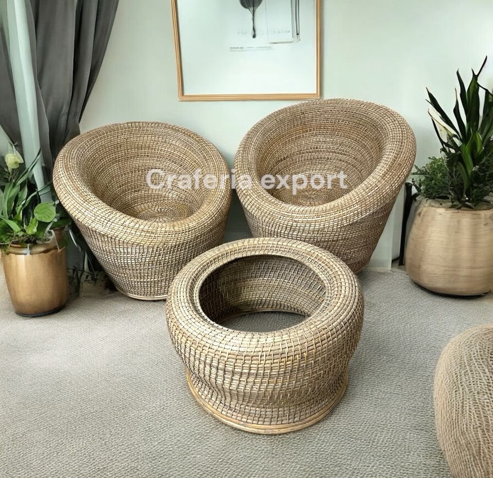 Bamboo Cane Apple Sofa Chairs table Set | Cane Bunai Apple Chairs with Coffee table set | Rattan Chairs set for lawn , Baclony , Garden , Cafe , Hotels indoor outdoor ( Set of 3)