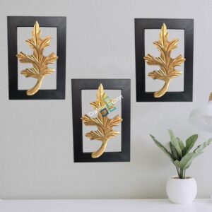 Brass Leaf On Wood Frame For Wall Decor (Set Of 3)