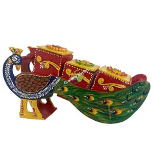 Wooden handcrafted peacock shaped dry fruit box / serving cart showpiece