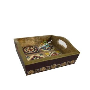 Handcrafted wooden serving tray with tiles fitted for home decor