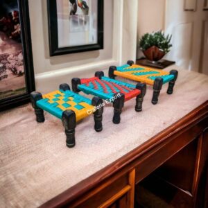 Wooden and Jute Miniature Charpai Cot Toy for Kids, Miniature Cot, Traditional Home decor Set of 3