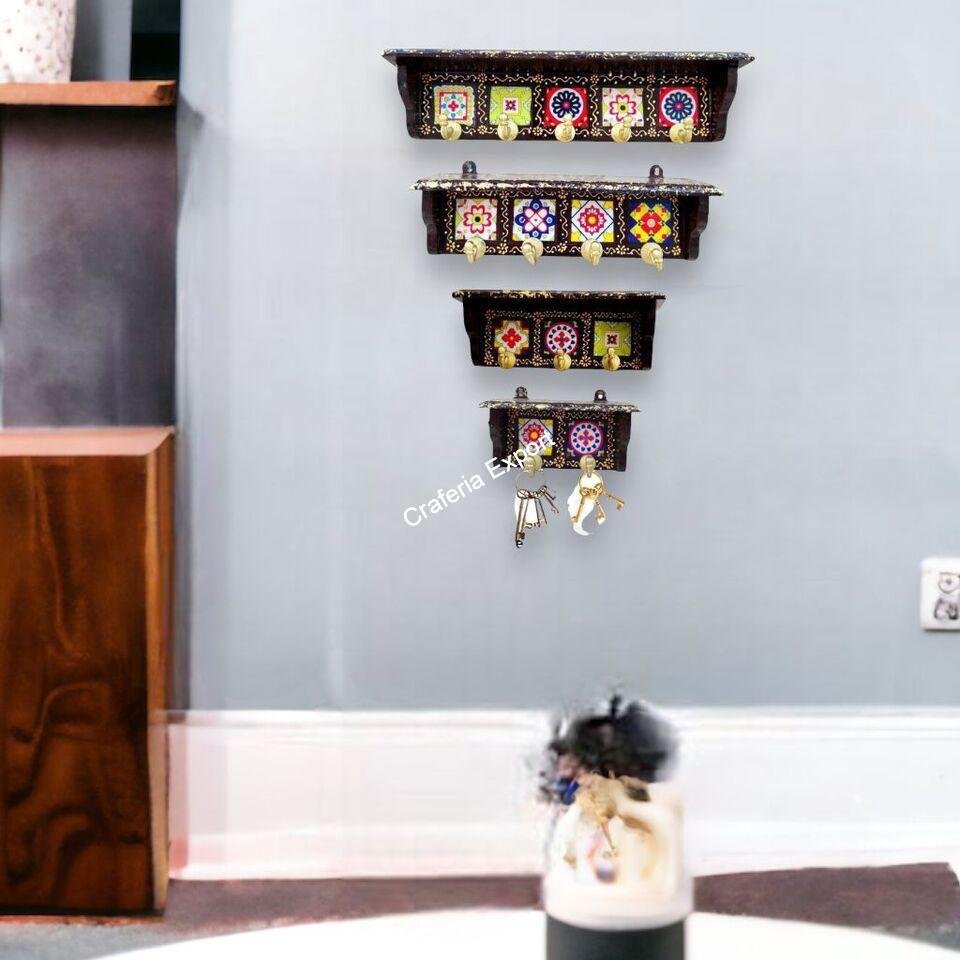 Wooden Tiles fitted Wall decorative Hook /Hanger Wood Key Holder set