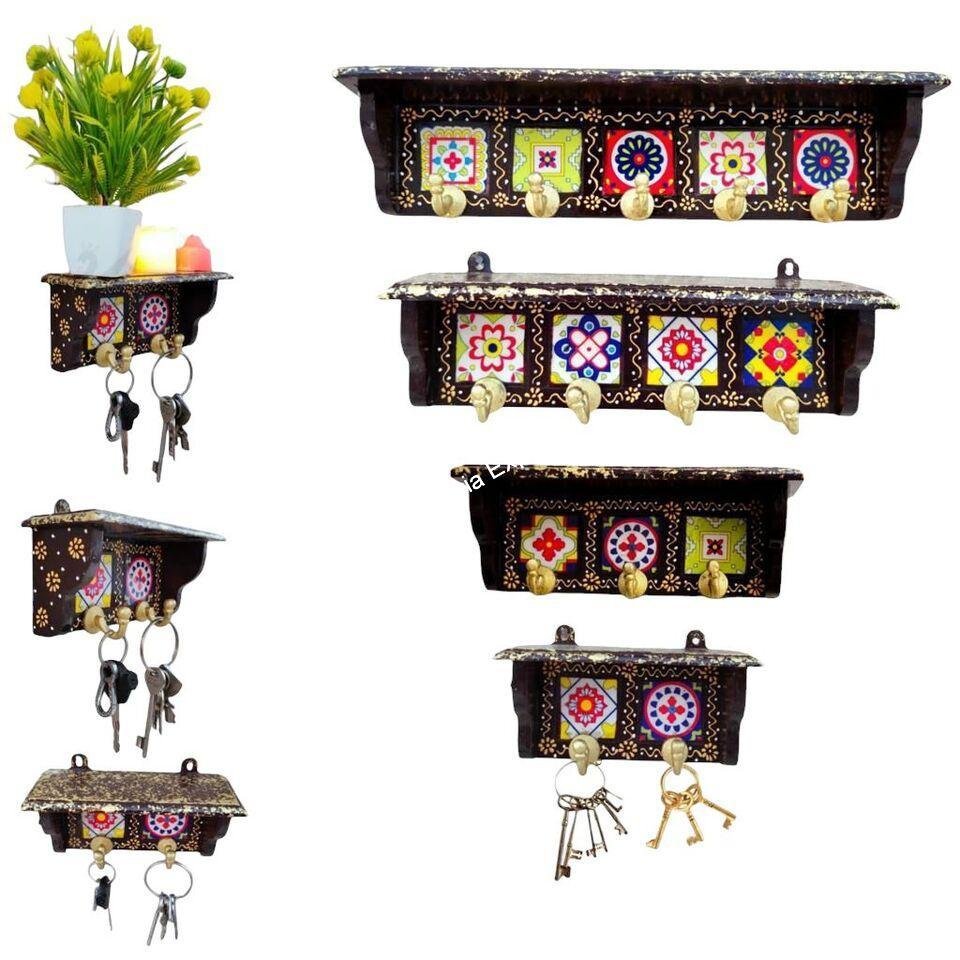 Wooden Tiles fitted Wall decorative Hook /Hanger Wood Key Holder set