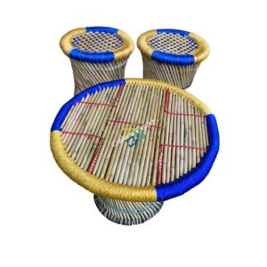 Bamboo Round Table and Stools Mudha (Set of 3) Furniture Set For Home, Hotels , Restaurants ,Bars , Cafe Use